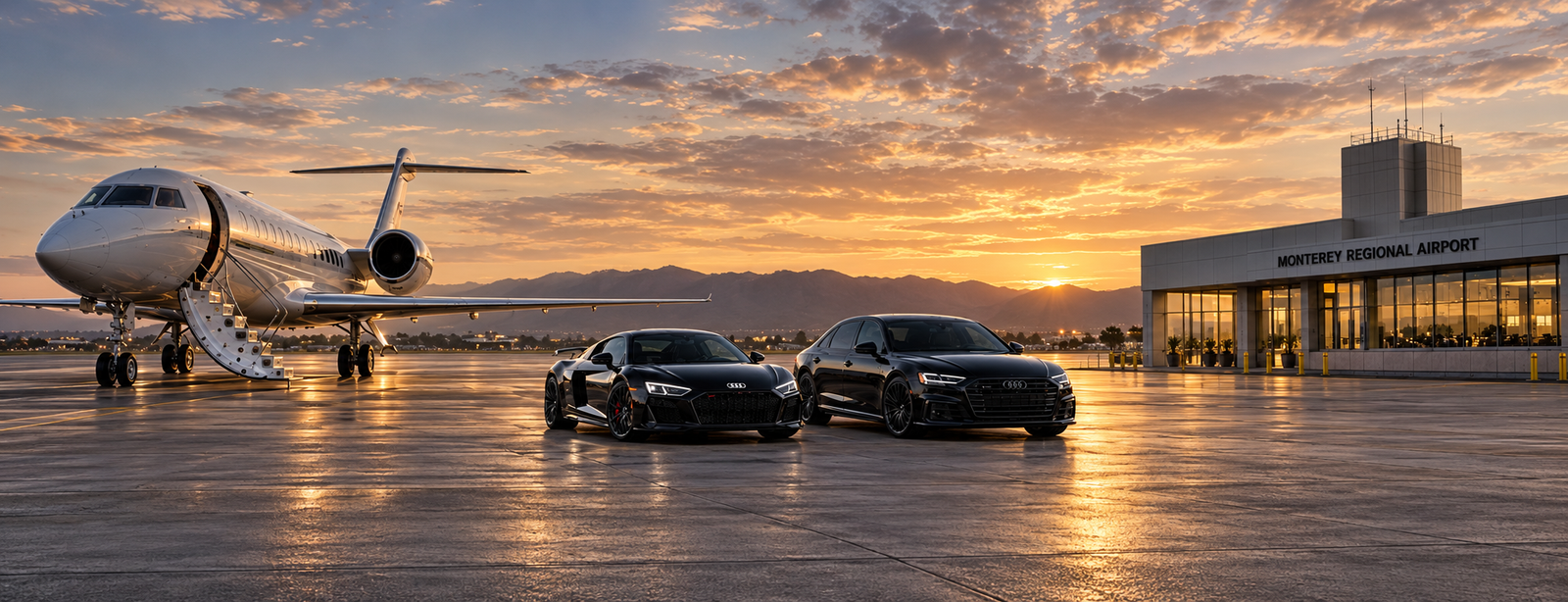 Audi R8 and Audi A8 L beside an aircraft at Monterey Regional Airport