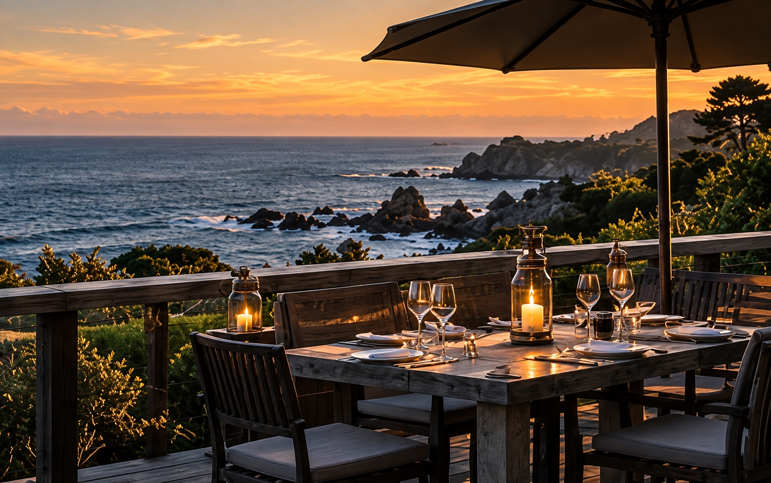 Outdoor coastal dining at sunset